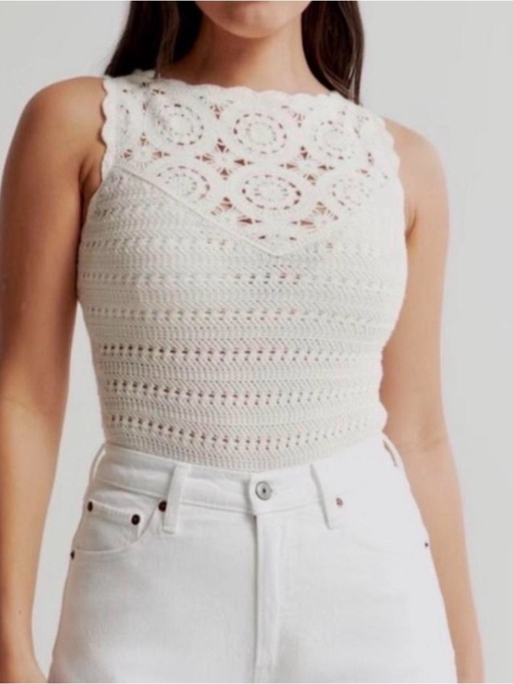 ABERCROMBIE & FITCH White Crochet Tank Bodysuit